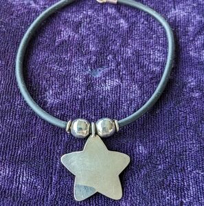 Vintage 925 Sterling Silver Black Leather Bracelet With Large Star